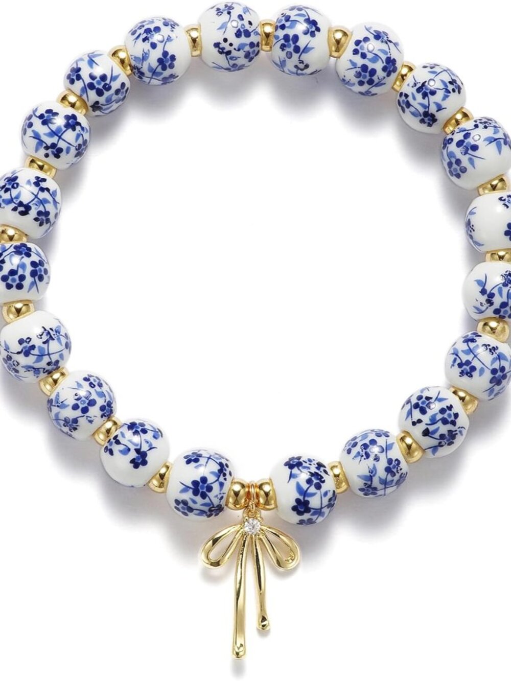 Elegant 18K Gold-Plated Bow Charm Bracelet with Floral Porcelain Beads